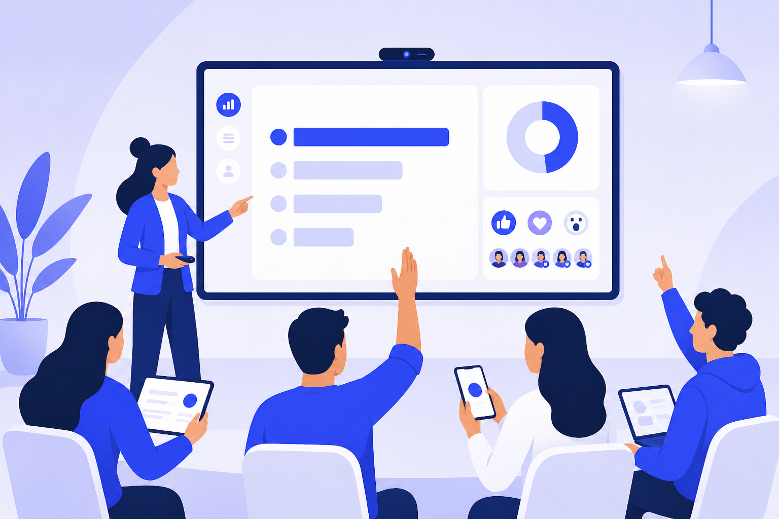 Interactive presentation on a large screen with live polls and audience engagement in a meeting