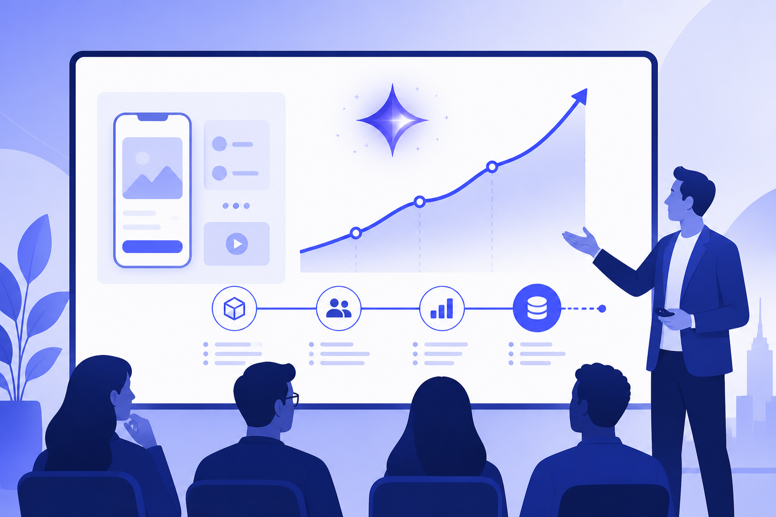 Startup investor pitch deck with growth chart and funding-stage milestones