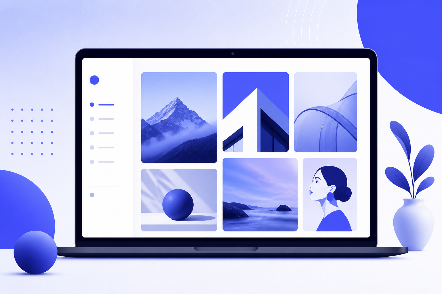 Visual-first creative portfolio presentation with large image tiles on a laptop