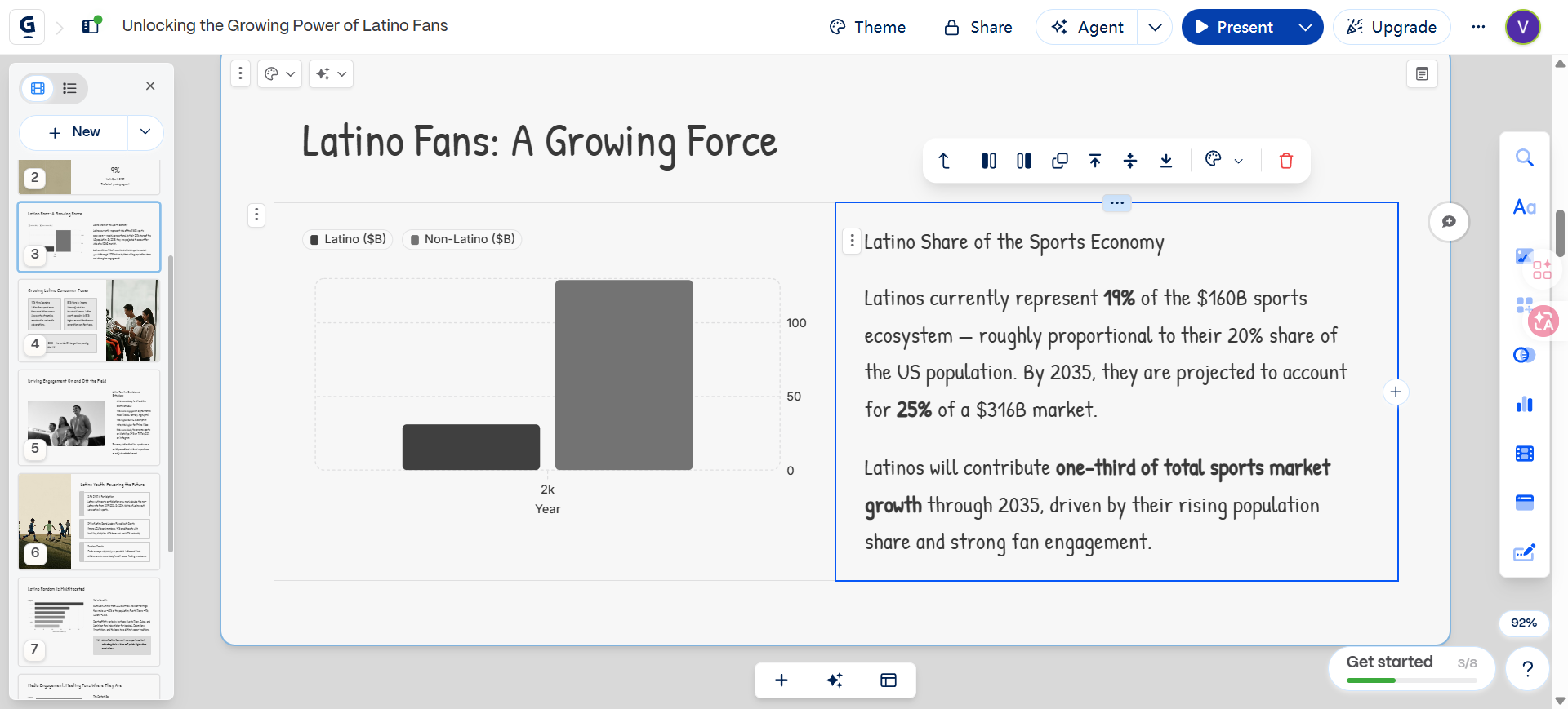 Gamma editor generating a slide deck from the source report