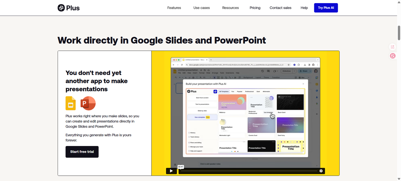 Plus AI extension running inside Google Slides and PowerPoint