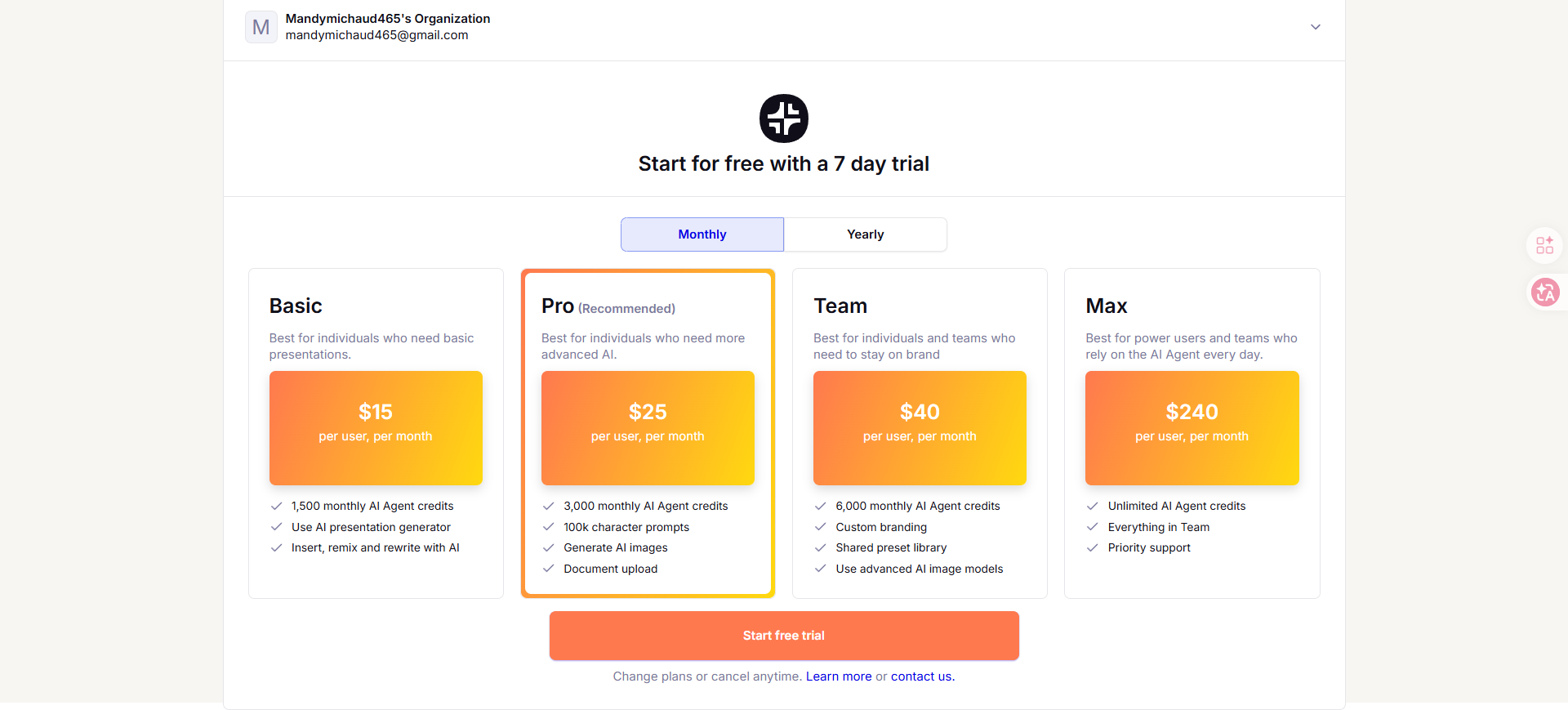 Plus AI pricing screen