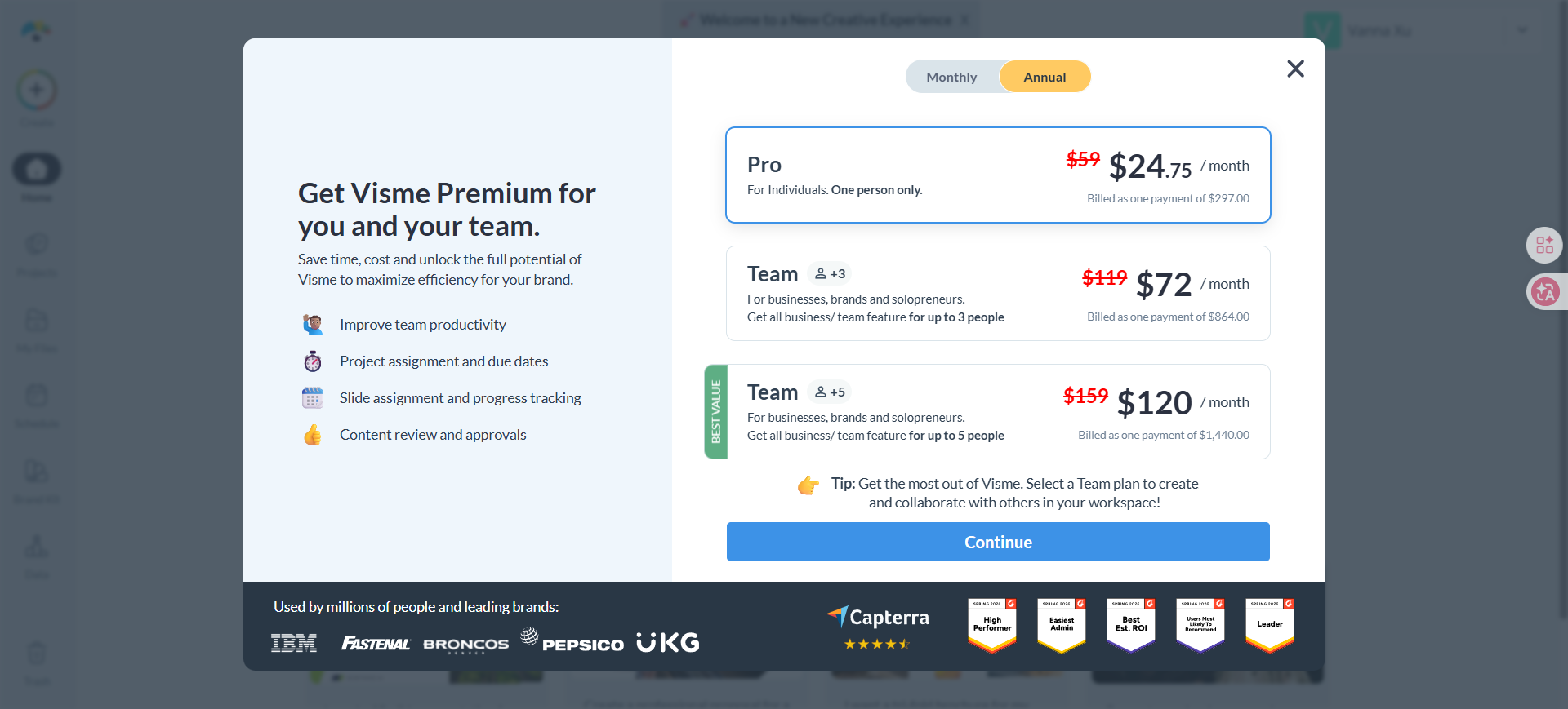 Visme premium upgrade paywall