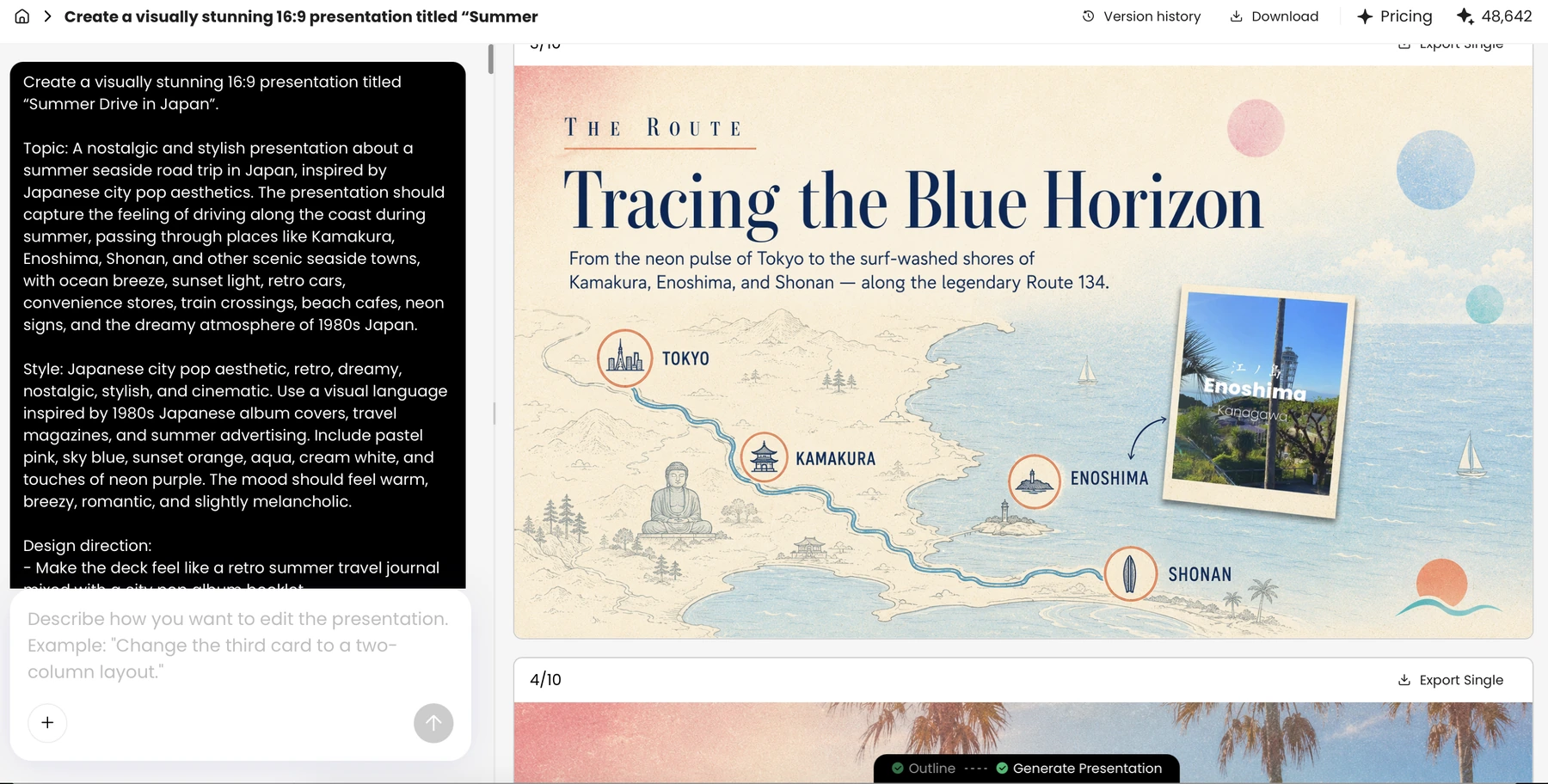Captured Creative Slides travel example with a route graphic and image cards. Verify place names and geography before using a map as factual guidance.