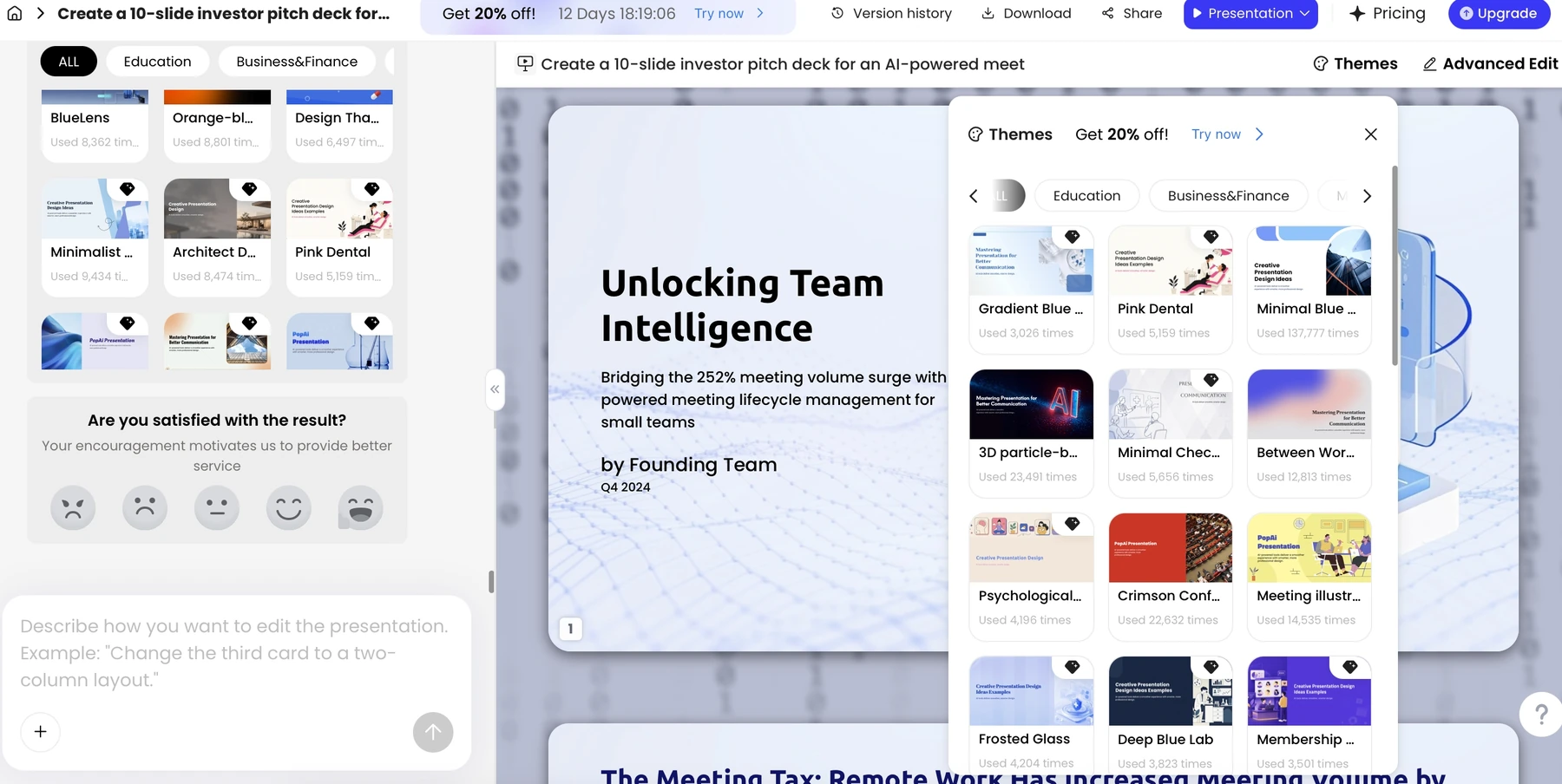 PopAi Themes panel in a captured generation result. Theme selection changes the design starting point; corporate brand compliance still needs review.