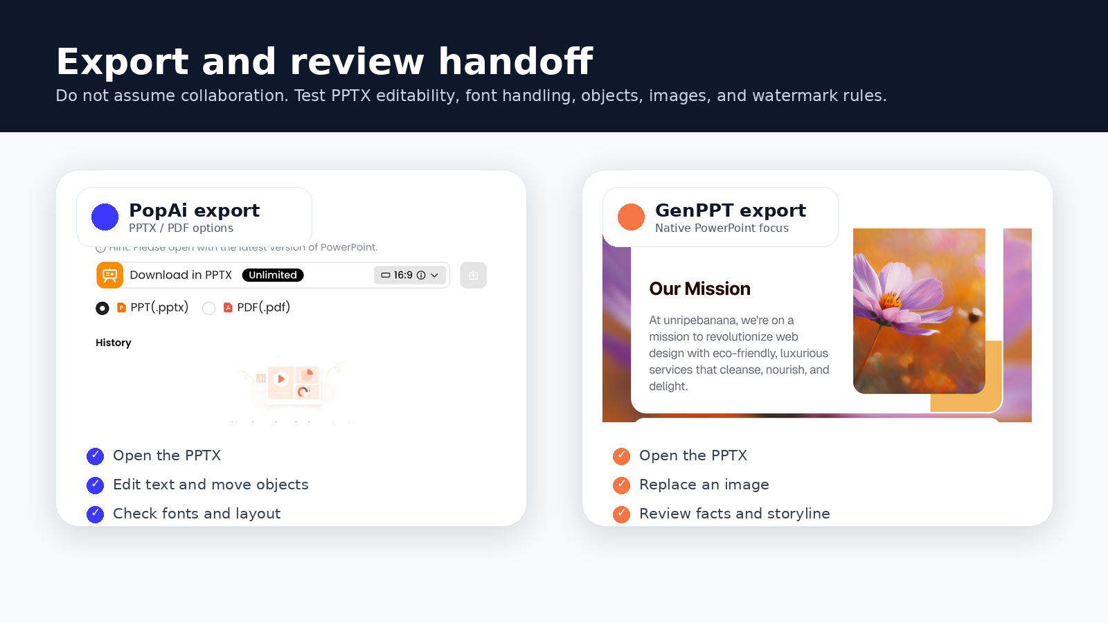Export and review handoff comparison for PopAi and GenPPT