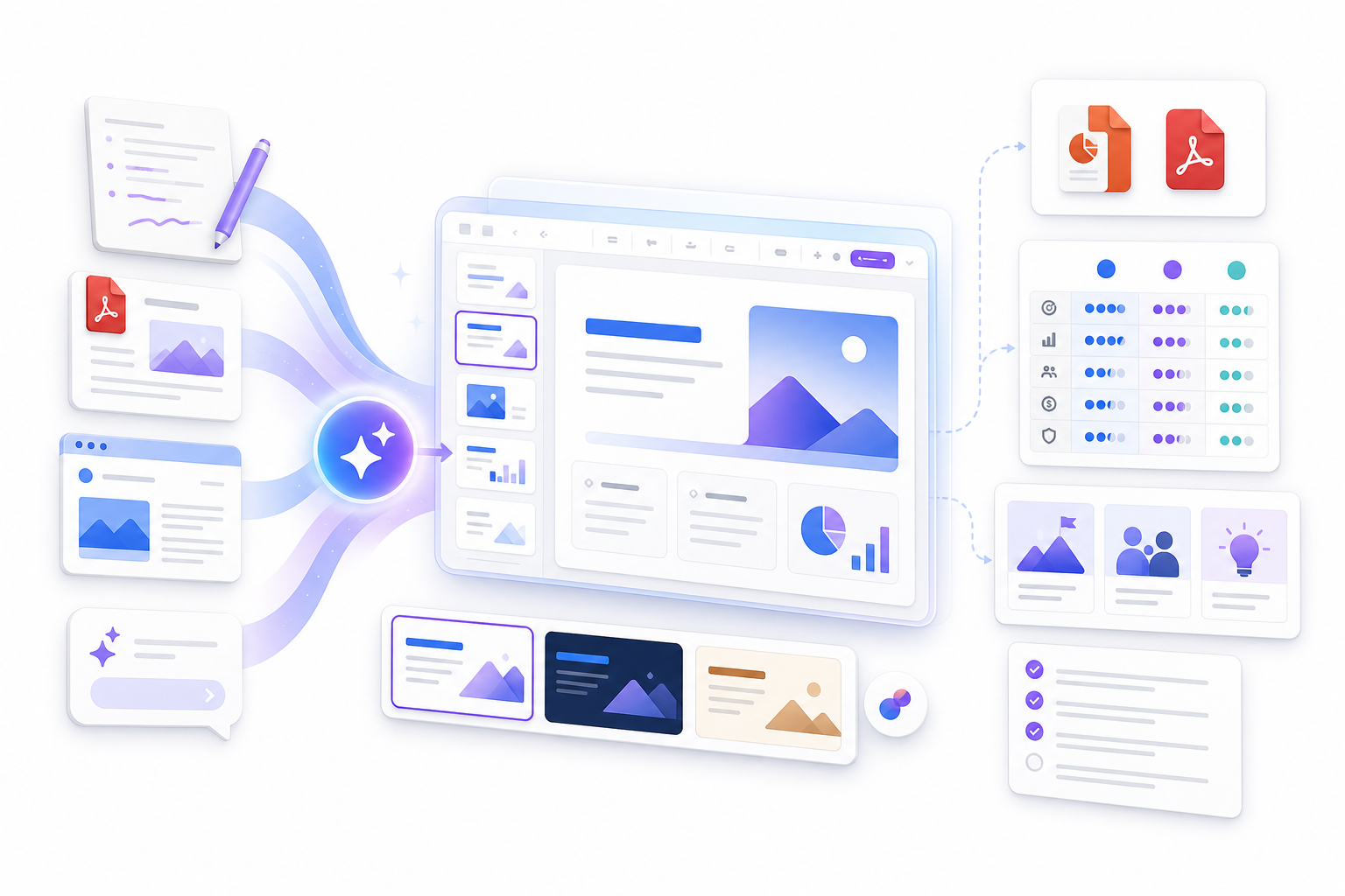 AI presentation generator workflow turning prompts, PDFs, notes, and web pages into editable slide decks