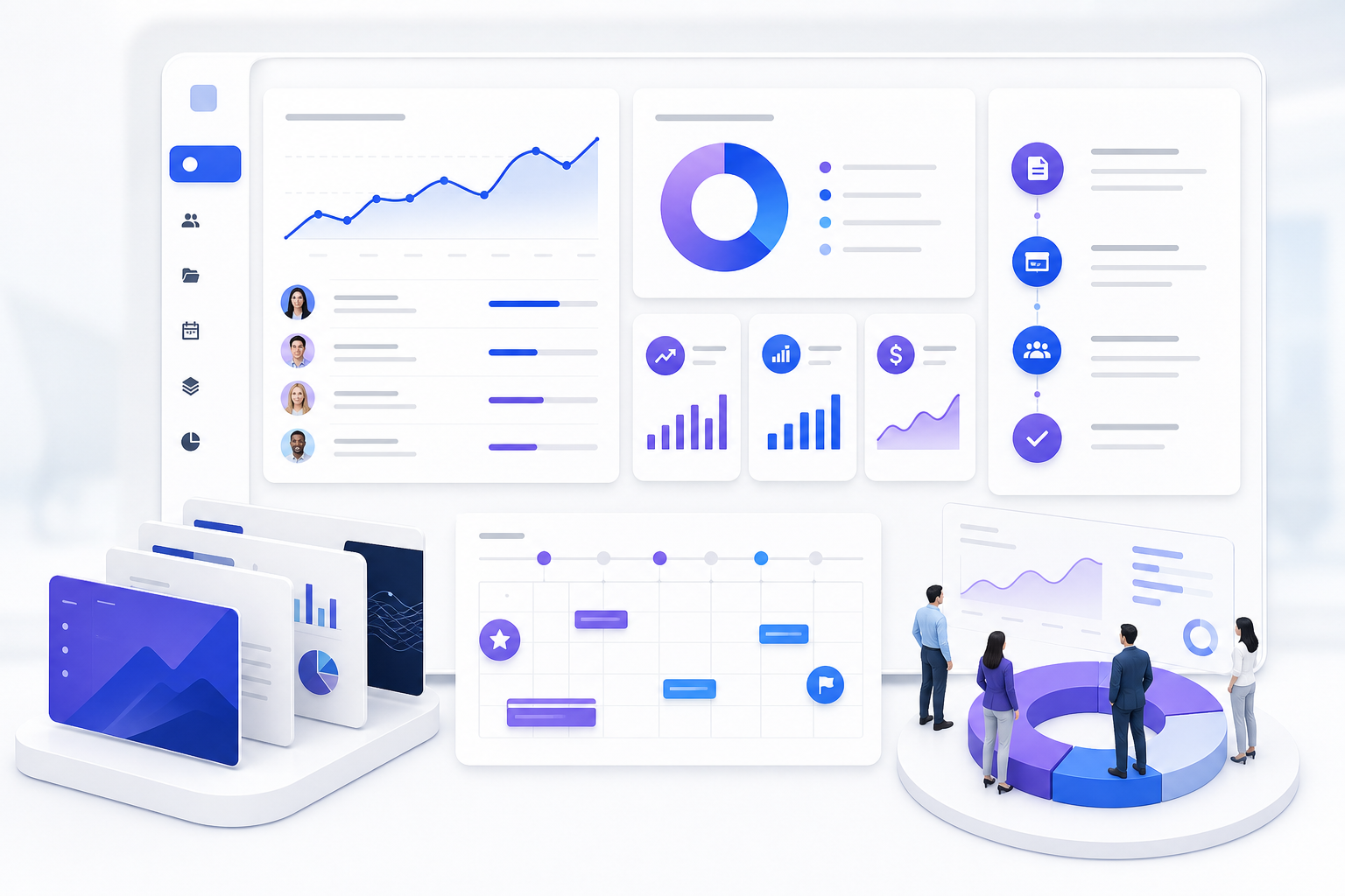 AI presentations investment dashboard with ROI cards, recurring deck workflows, team alignment, and timeline