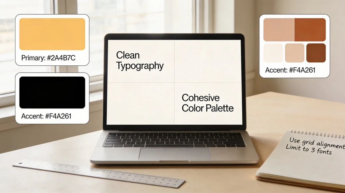 Professional presentation design workspace with laptop and aesthetic slides