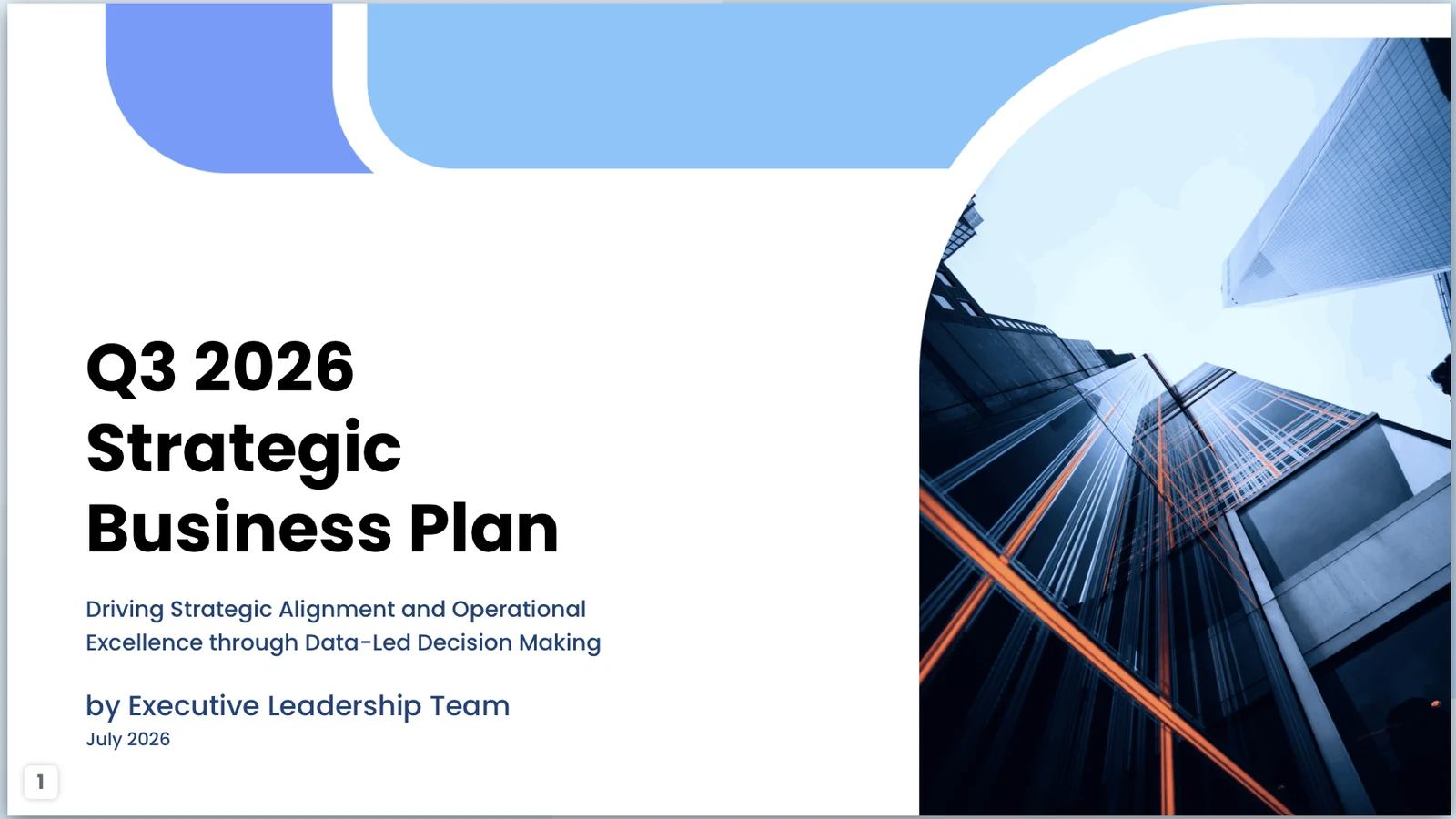 Q3 2026 strategic business plan cover with blue geometric blocks and a modern skyscraper photograph