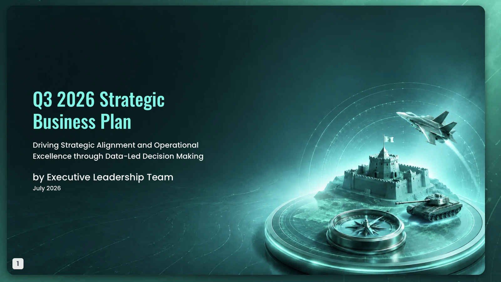 Dark teal strategic presentation cover with a compass, fortress, aircraft and armored vehicle