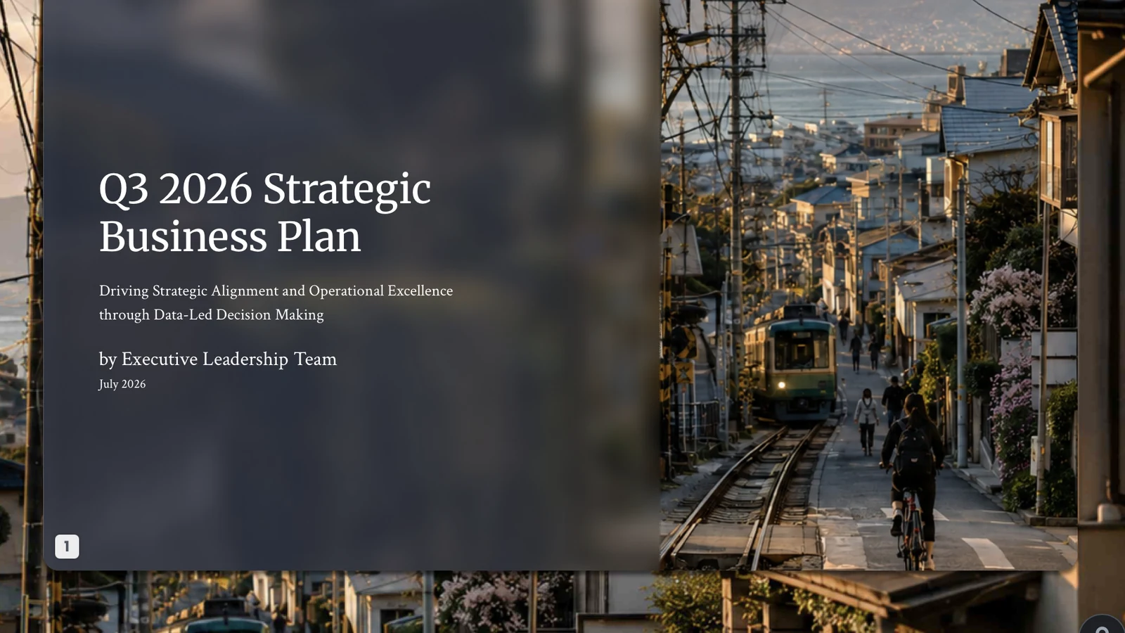 Editorial presentation cover with a city street photograph and translucent dark title panel