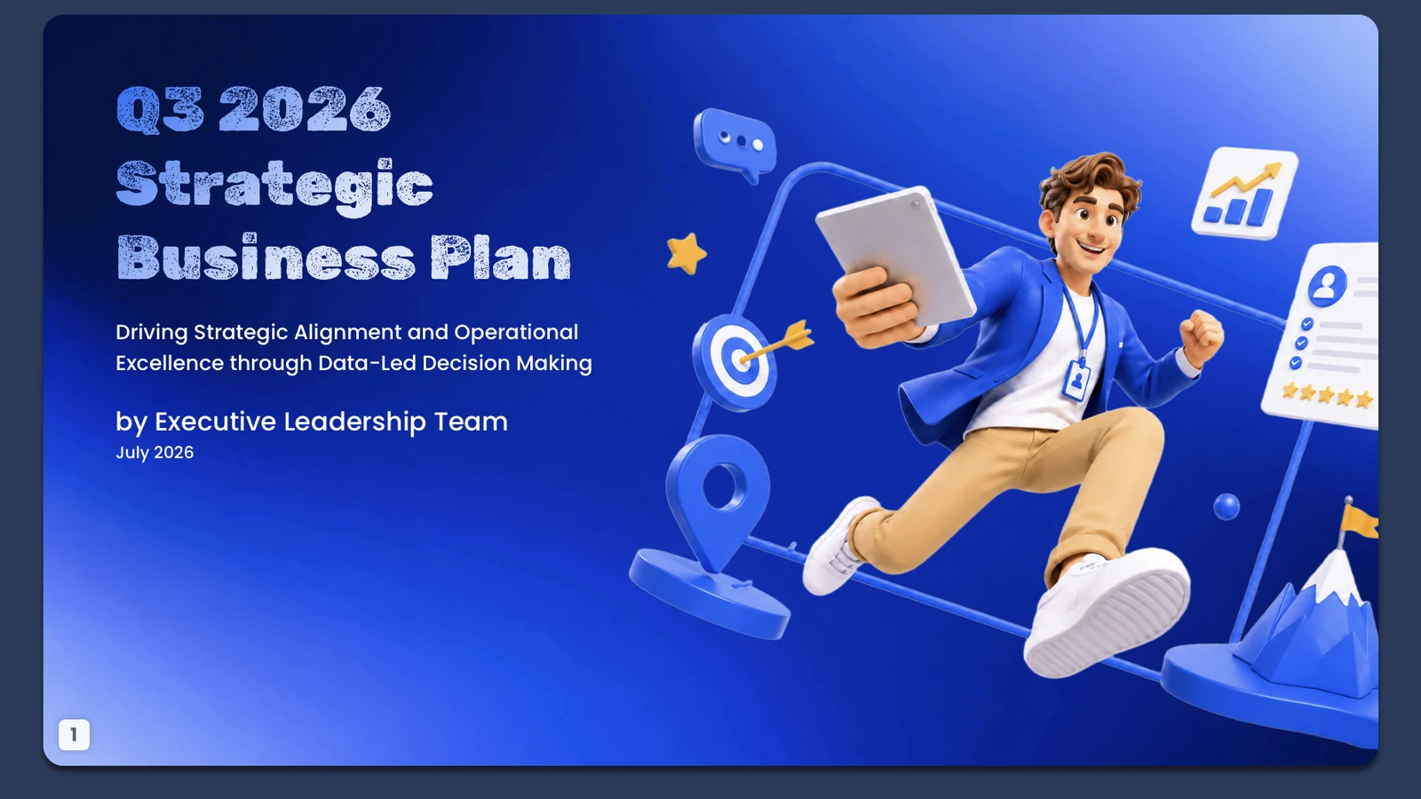 Blue gradient presentation cover with a 3D character, mobile device and growth icons