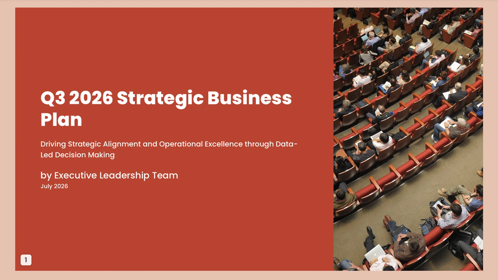 Bold red marketing presentation cover with an auditorium photograph on the right
