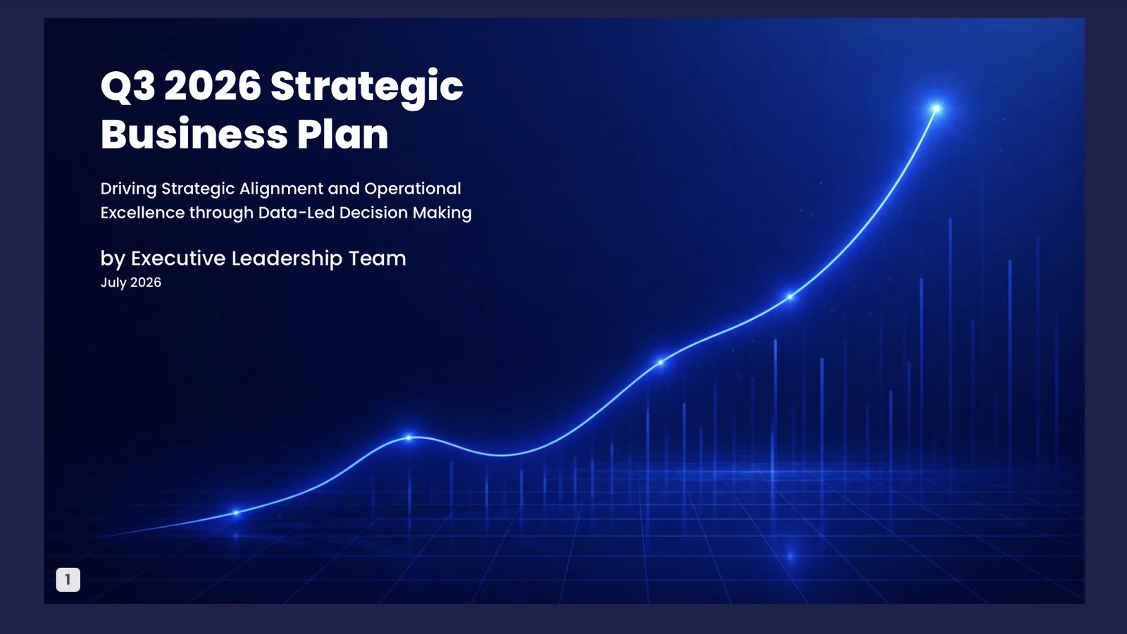 Dark blue sales presentation cover with a luminous upward growth curve and chart grid
