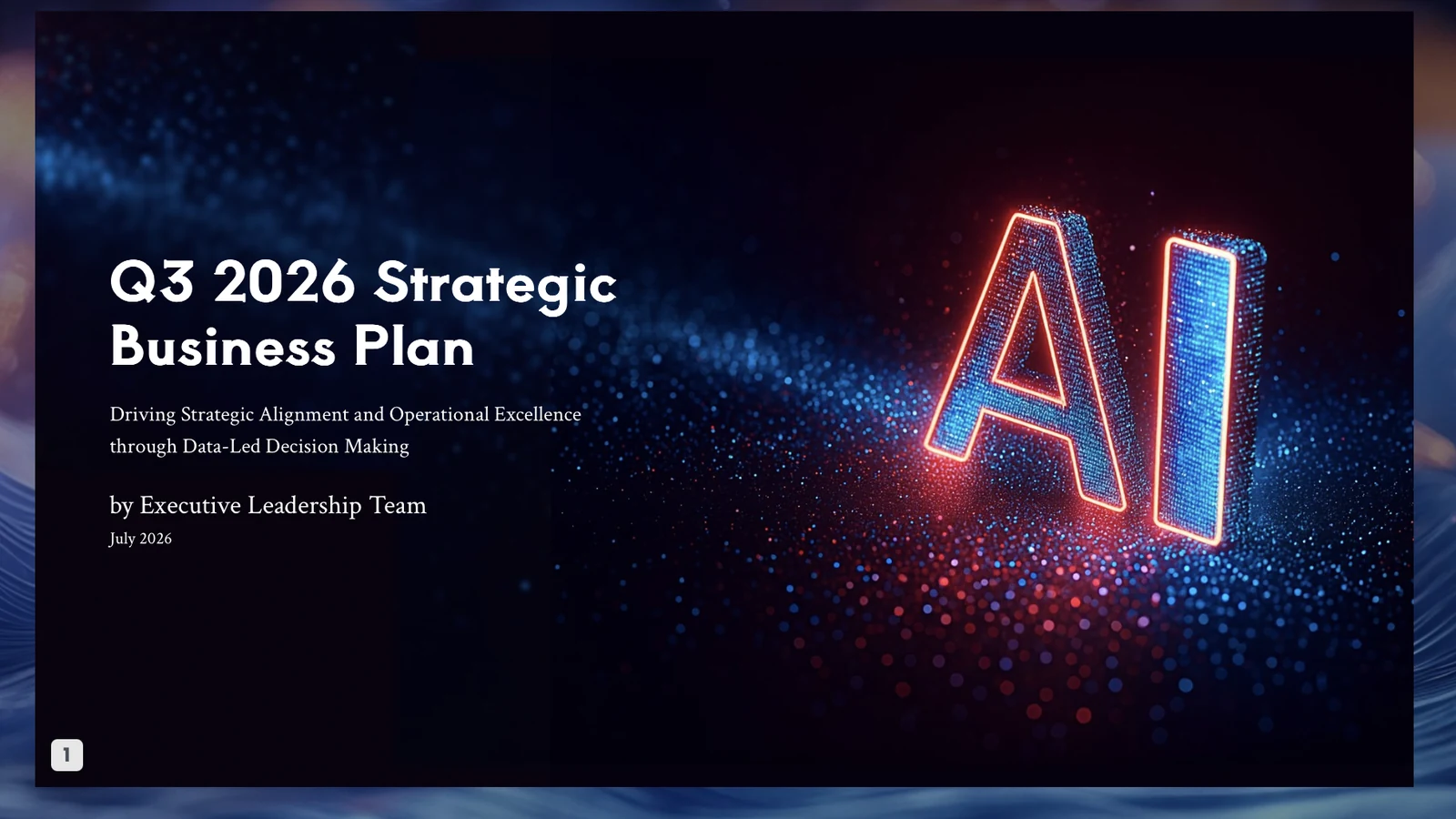 Dark technology presentation cover with glowing AI letters and red-blue data particles