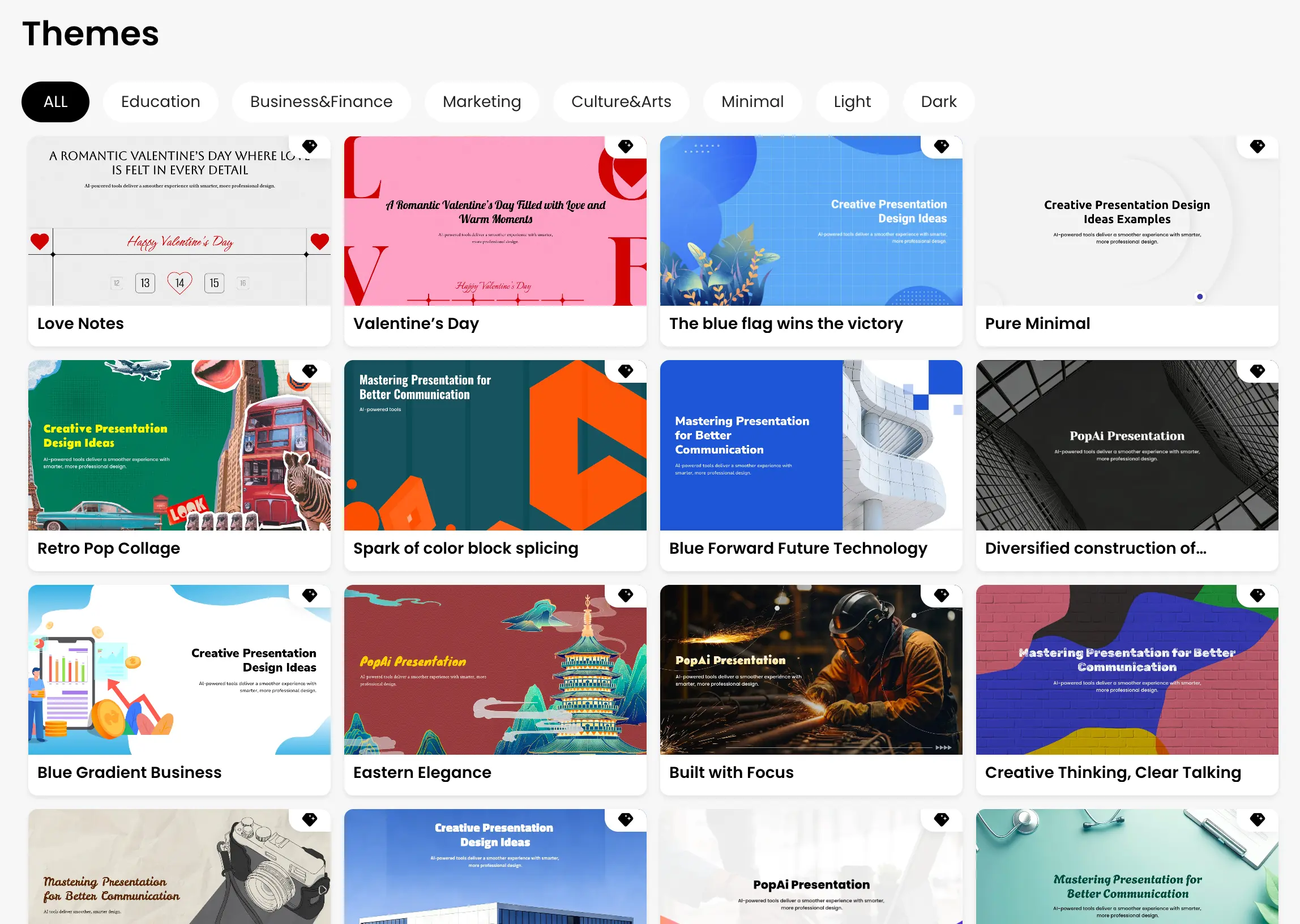 PopAi presentation template gallery