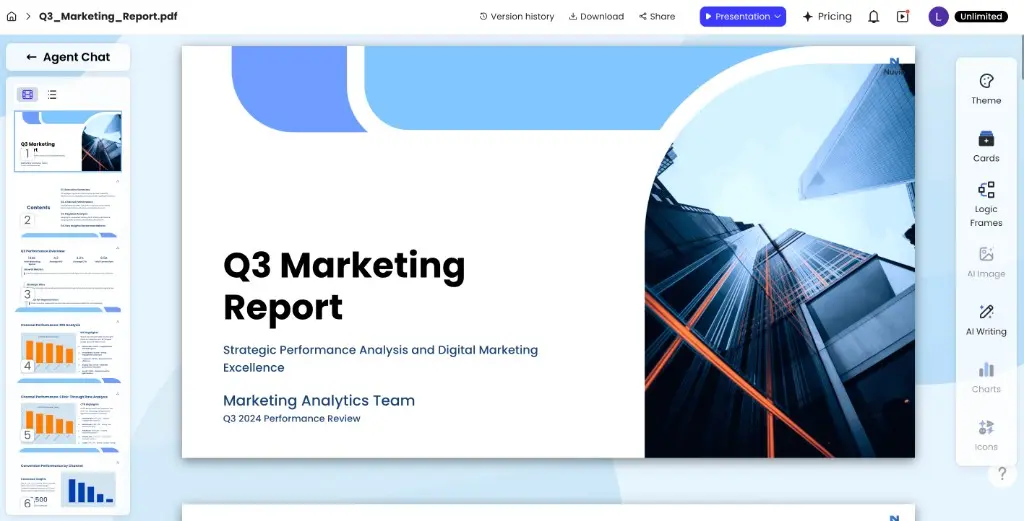 Marketing report presentation open in the PopAi editor